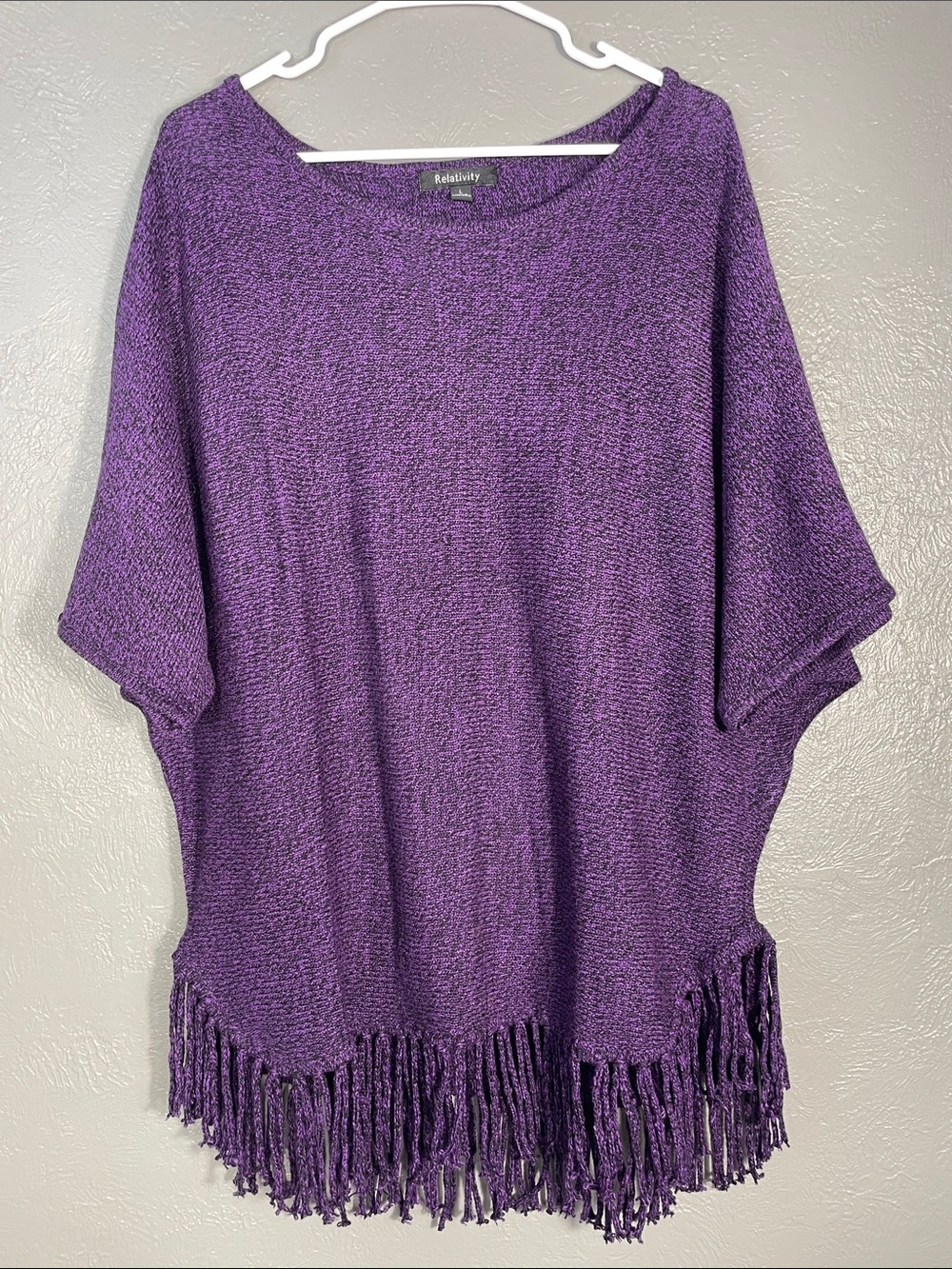 Relativity Fringe Hem Poncho Sweater Heathered Purple Knit Top Large